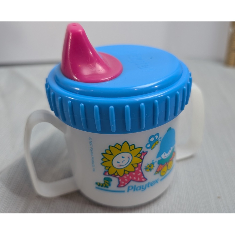 Playtex Vintage 1997 Spill Proof Sippy Cup White Blue Pink Plastic Retro Baby - Picture 3 of 5